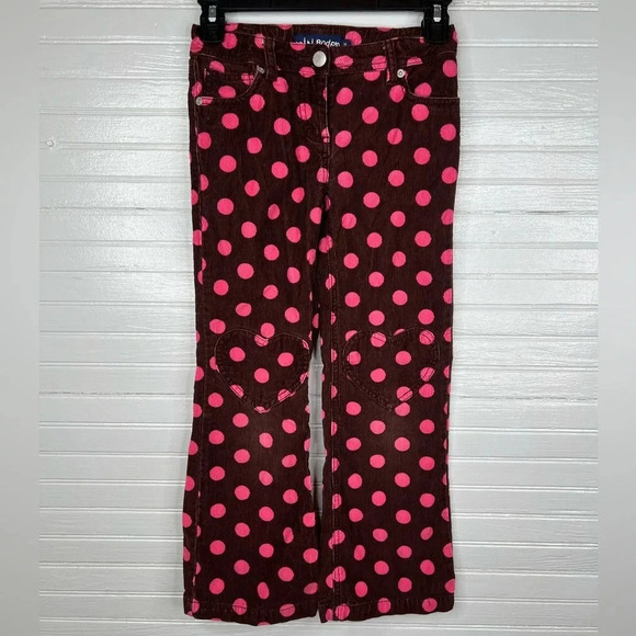 Mini Boden Girls Brown Pink Polka Dot Corduroy Pants Size 9 Heart Pockets - Picture 2 of 10